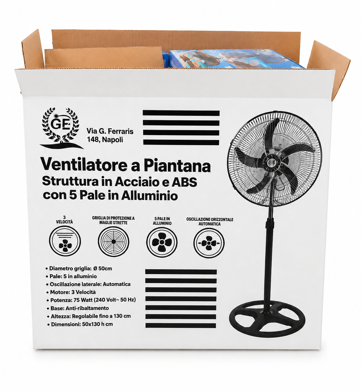 Ventilateur sur pied 75W Ø50 cm – 5 pales en aluminium