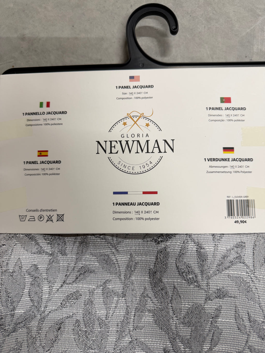 Rideau Jacquard Gloria Newman 140 × 240 cm – Gris – 1 panneau à œillets